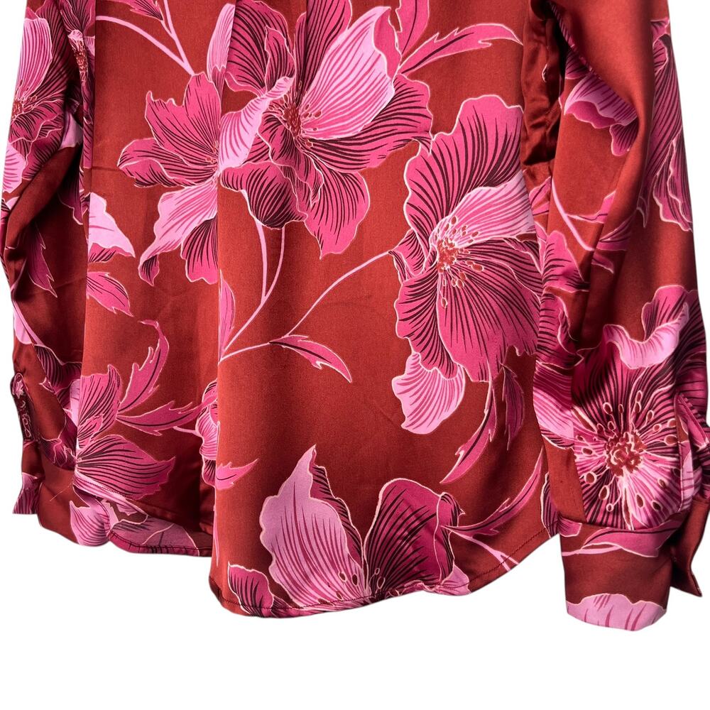 Bailey 44 Women's Size XS Satin Red Pink Floral Button-Up Long Sleeve Blouse Top - Picture 4 of 9